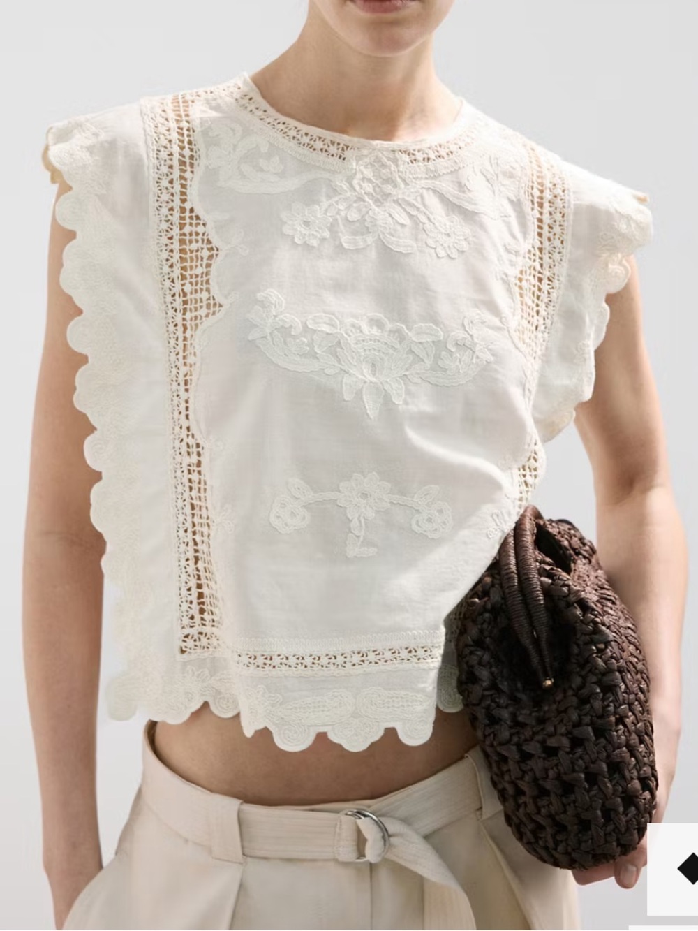Mango Cream Embroidered Crochet-Trim Blouse Size small Excellent Condition!